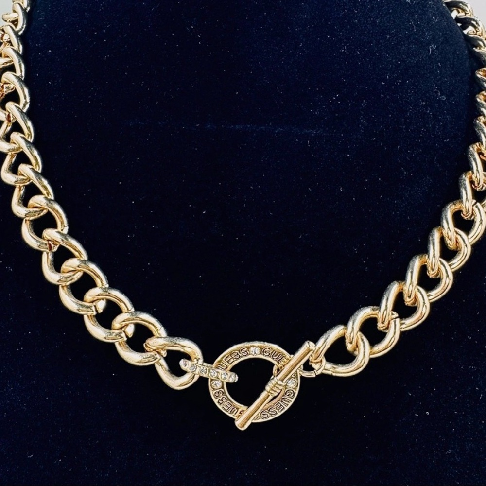 Guess 15” Gold Chain Toggle Necklace Cuban Link With Crystal Accents Choker